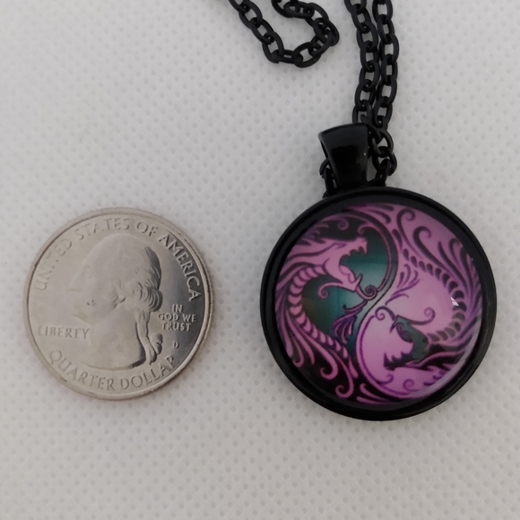 COPY - Handmade Black & Pink Dragon Yin Yang Necklace on a 24" Black Chain - Picture 2 of 4